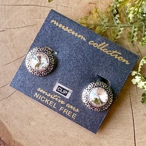 NWT Museum Collection Silver Tone Crystal Rhinestone Clip On Earrings